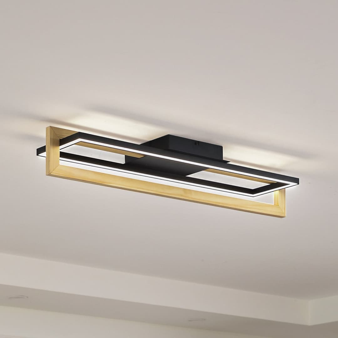 Holamu LED Deckenleuchte L86 Schwarz/Holz - Lindby - Wohnzimmer - Modern - Aluminium - Eckig