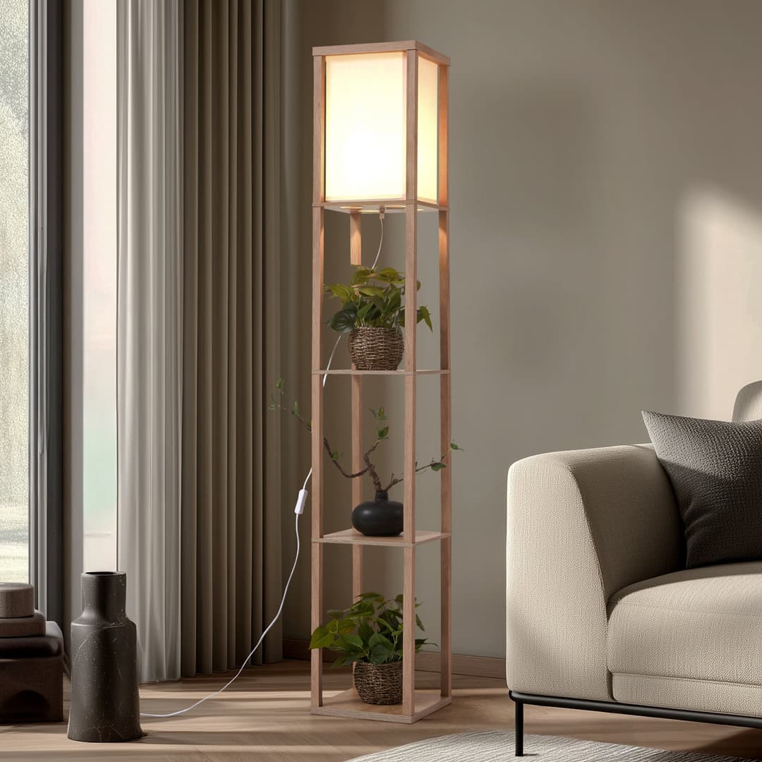 Birta Stehleuchte, holzfarben/weiß, Regal, Holz - Lindby - Wohnzimmer - Modern - Eckig