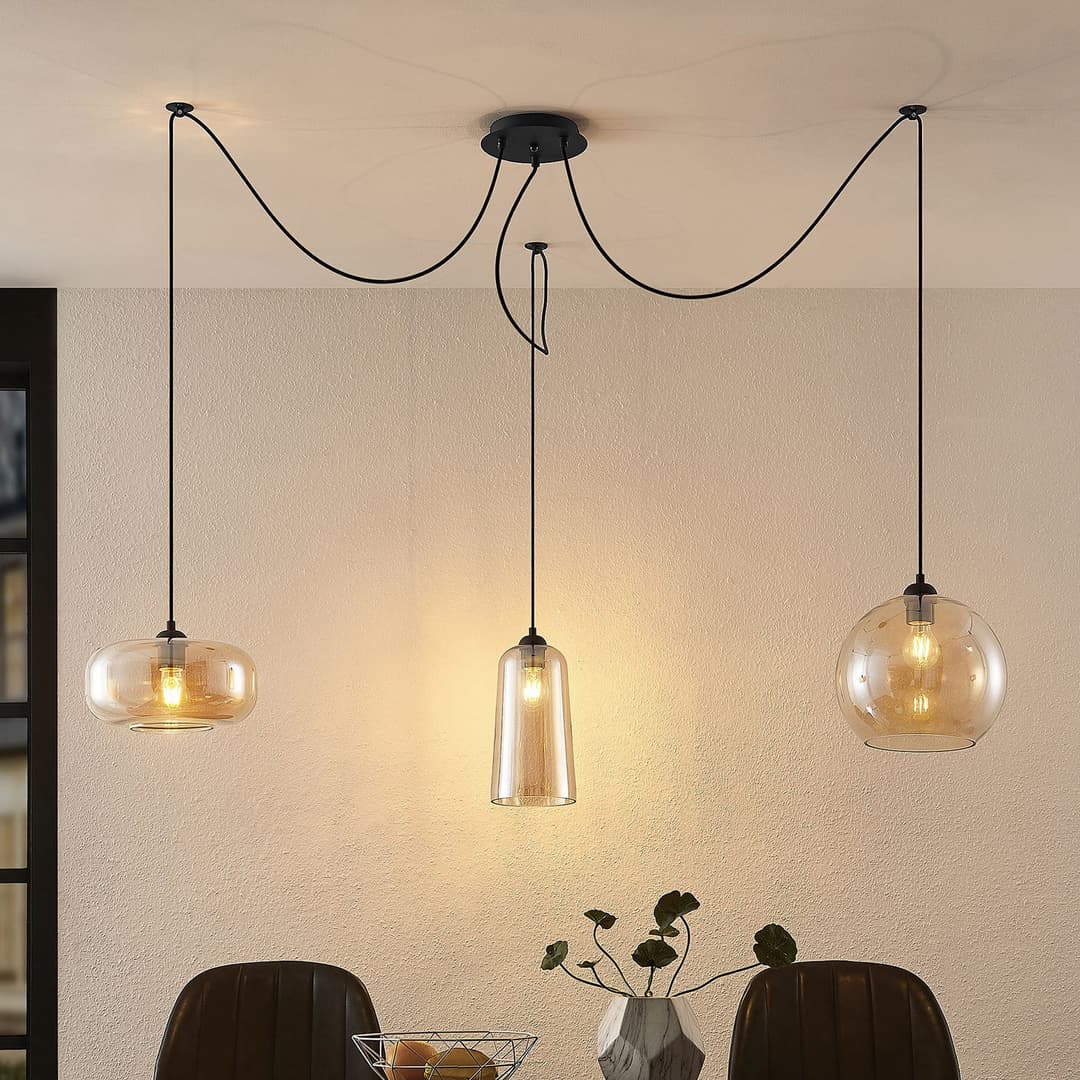 Zyli 3 Pendelleuchte Amber - Lucande - Wohnzimmer - Vintage - Glas - Mehrflammig