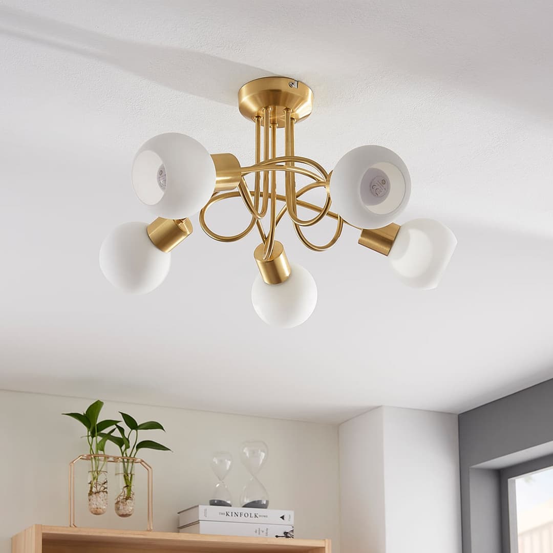 Elaina 5 Deckenleuchte Brass/Opal - Lindby - Wohnzimmer - Modern - Glas - Mehrflammig