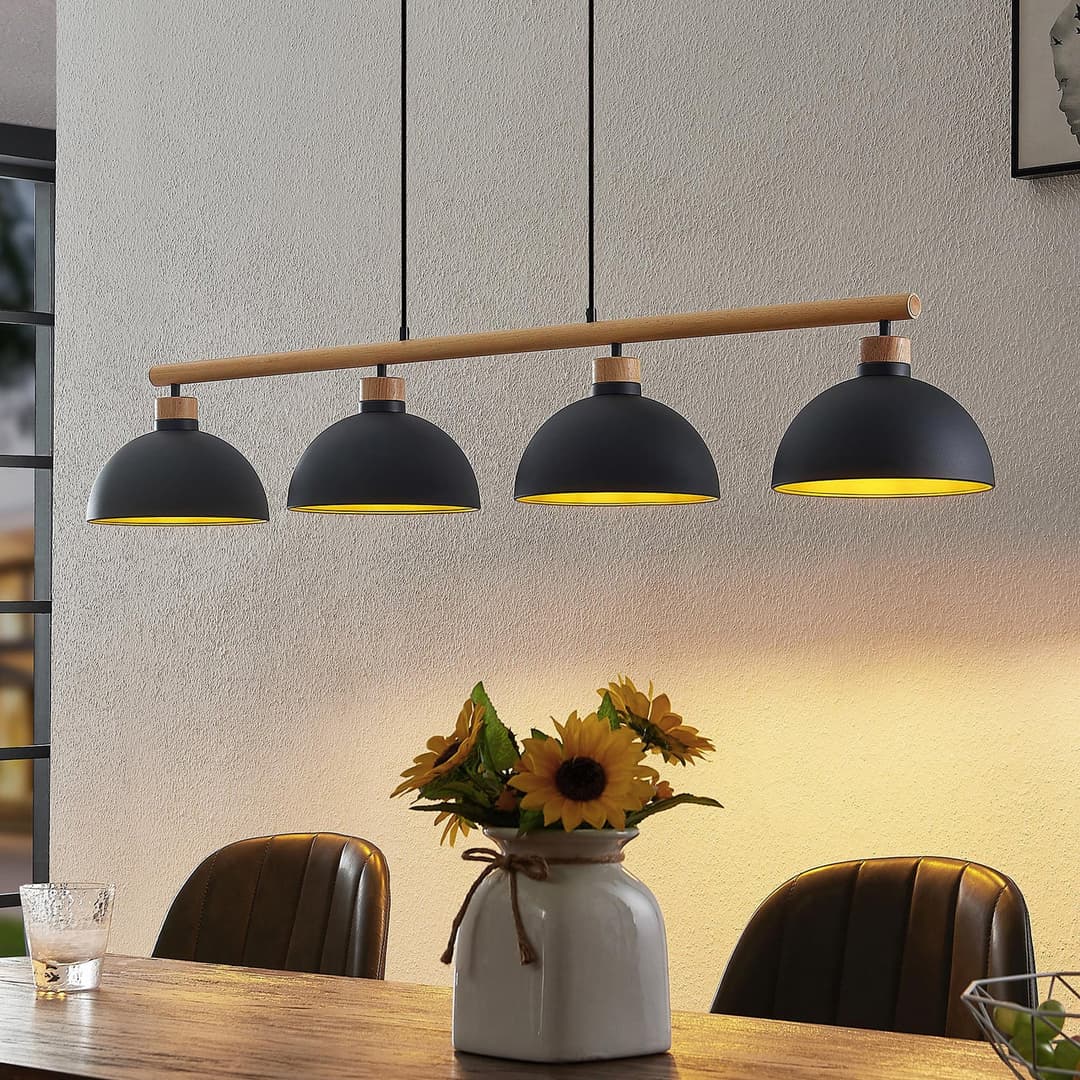 Tirzana 4 Pendelleuchte Black/Light Wood - Lindby - Wohnzimmer - Vintage - Metall - Mehrflammig