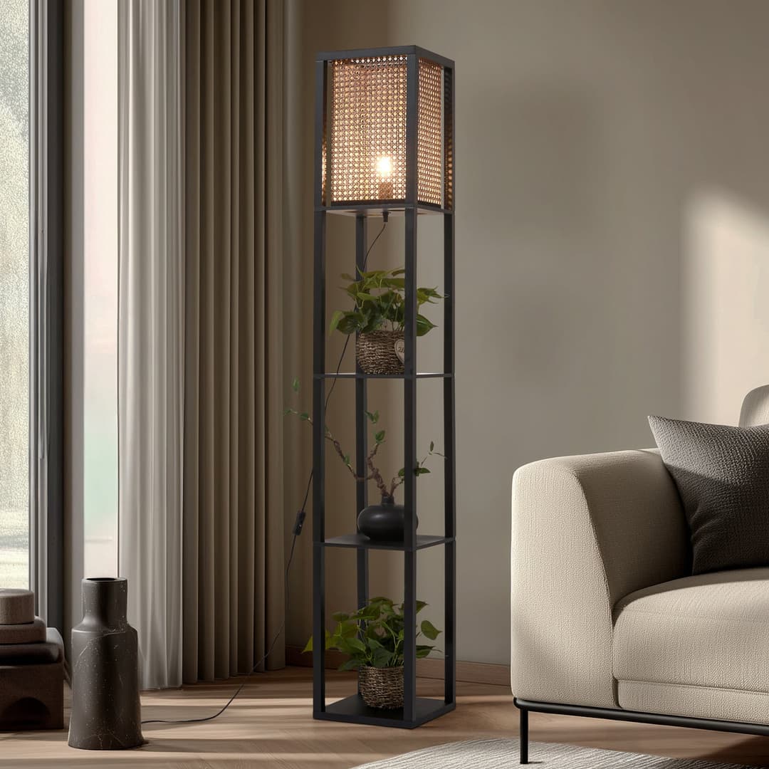 Birta Stehleuchte, schwarz/natur, Regal, Rattan - Lindby - Wohnzimmer - Modern - Holz - Eckig