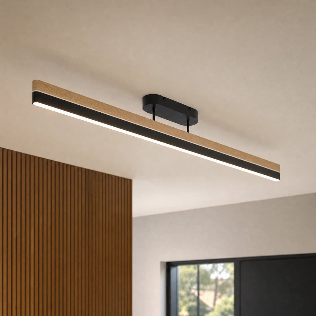 LED-Deckenleuchte Holven, 113 cm, schwarz/Holz, dimmbar, CCT - Lucande - Wohnzimmer - Modern - Balken