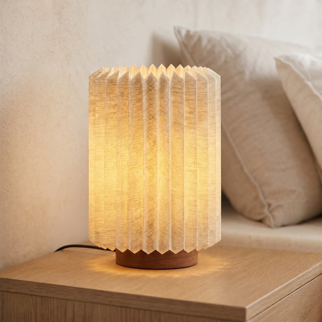 Tischleuchte, walnuss/Leinen, gefaltet, Höhe 30 cm - Lindby Maveo - Wohnzimmer - Skandinavisch - Stoff / Textil - Einflammig