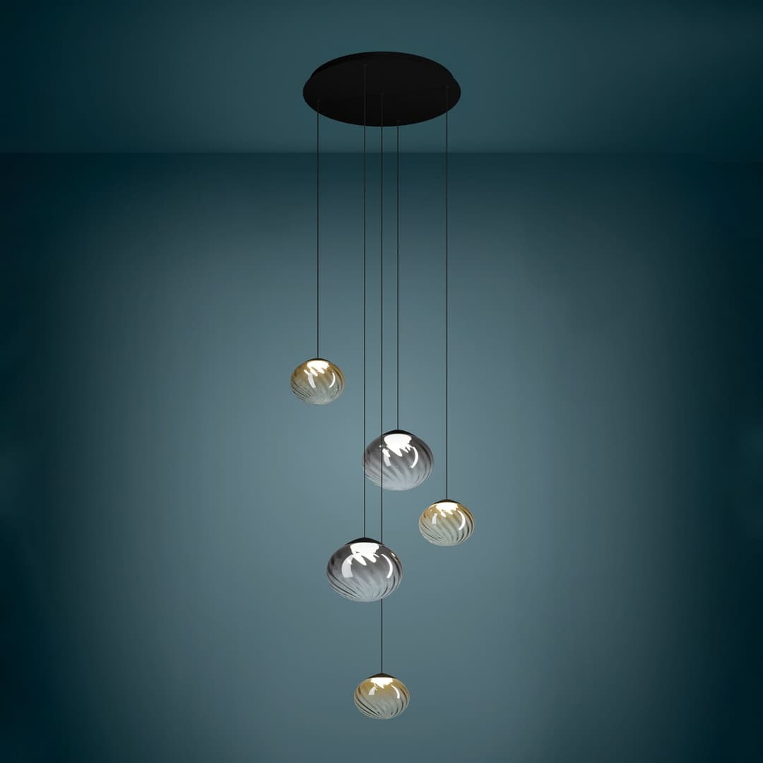 Pantoja Hängelampe schwarz/amber 68cm 5-flg - Stars of Light - Wohnzimmer - Modern - Glas - Mehrflammig