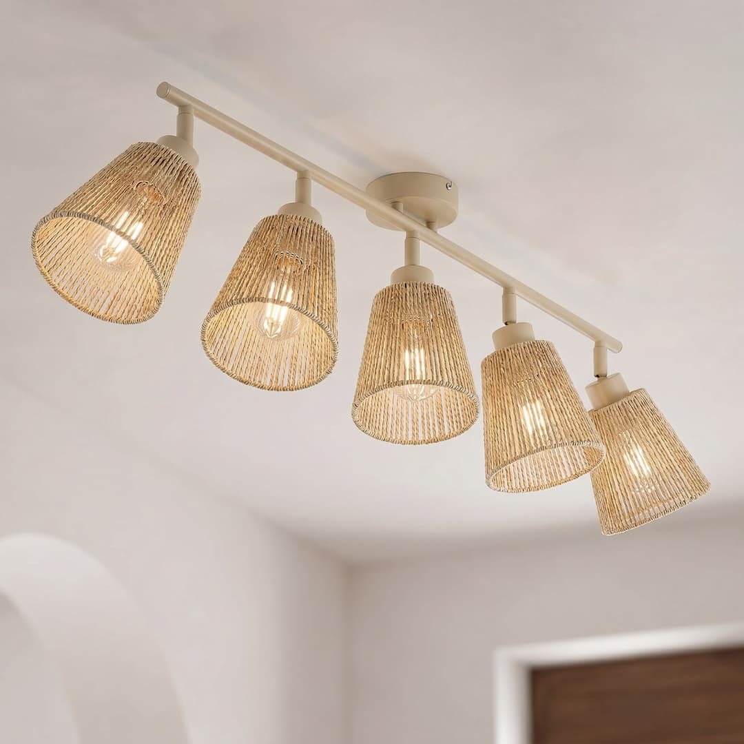 Anuva Deckenstrahler, 86 cm, 5-flg., beige, Papier - Lindby - Wohnzimmer - Landhaus / Rustikal - Papier / Karton - Mehrflammig