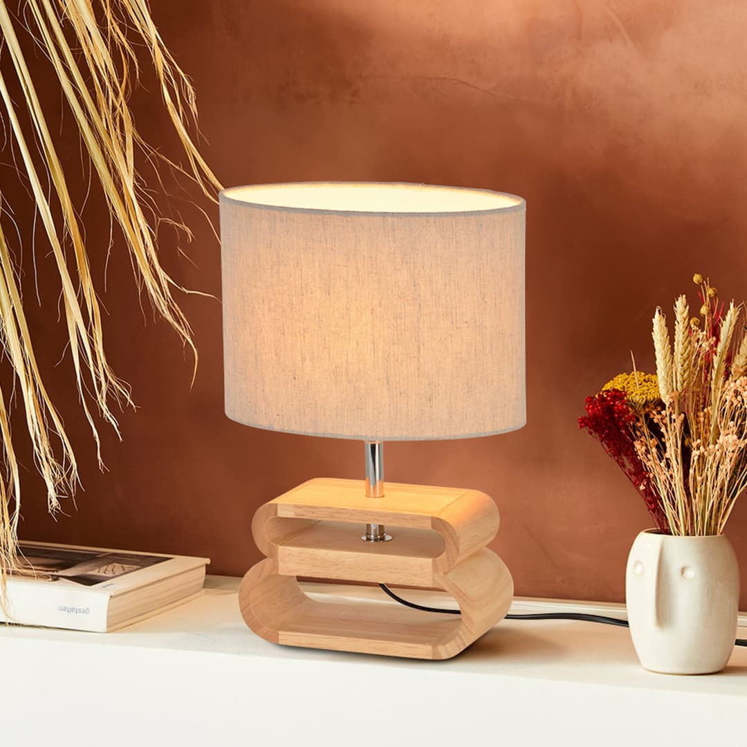 Oslo Tischleuchte weiß/holz hell Höhe 30 cm - Corep SAS - Wohnzimmer - Skandinavisch - Stoff / Textil - Mit Schirm