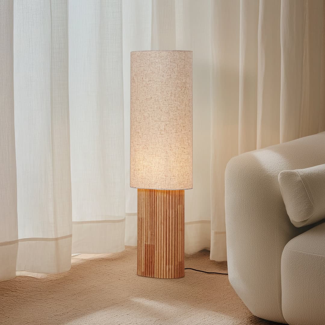 Kimiko Stehleuchte, Höhe 100 cm, Holz, Textil, E27 - Lindby - Wohnzimmer - Skandinavisch - Stoff / Textil - Mit Schirm