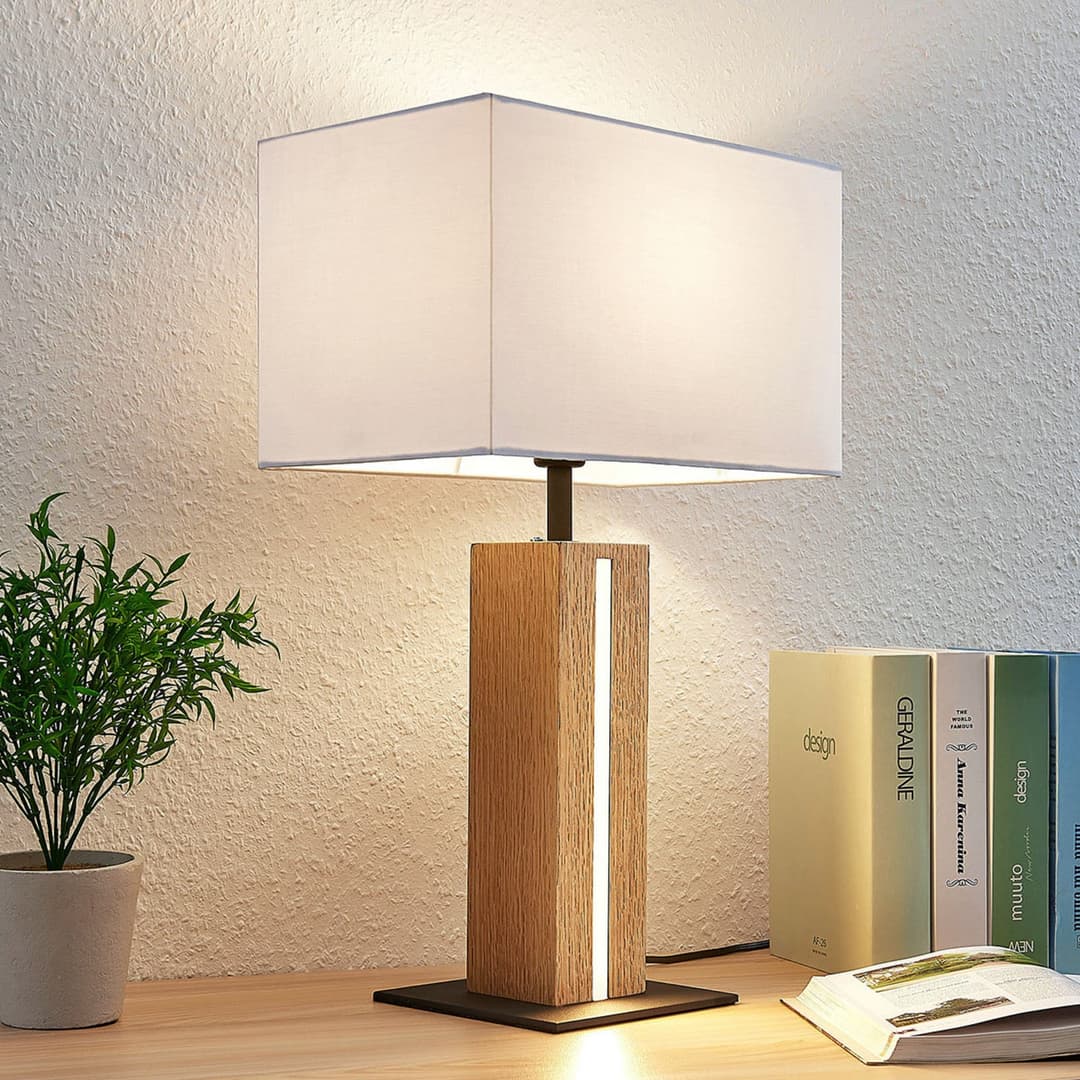 Garry Square Tischleuchte White/Wood - Lindby - Wohnzimmer - Modern - Stoff / Textil - Mit Schirm