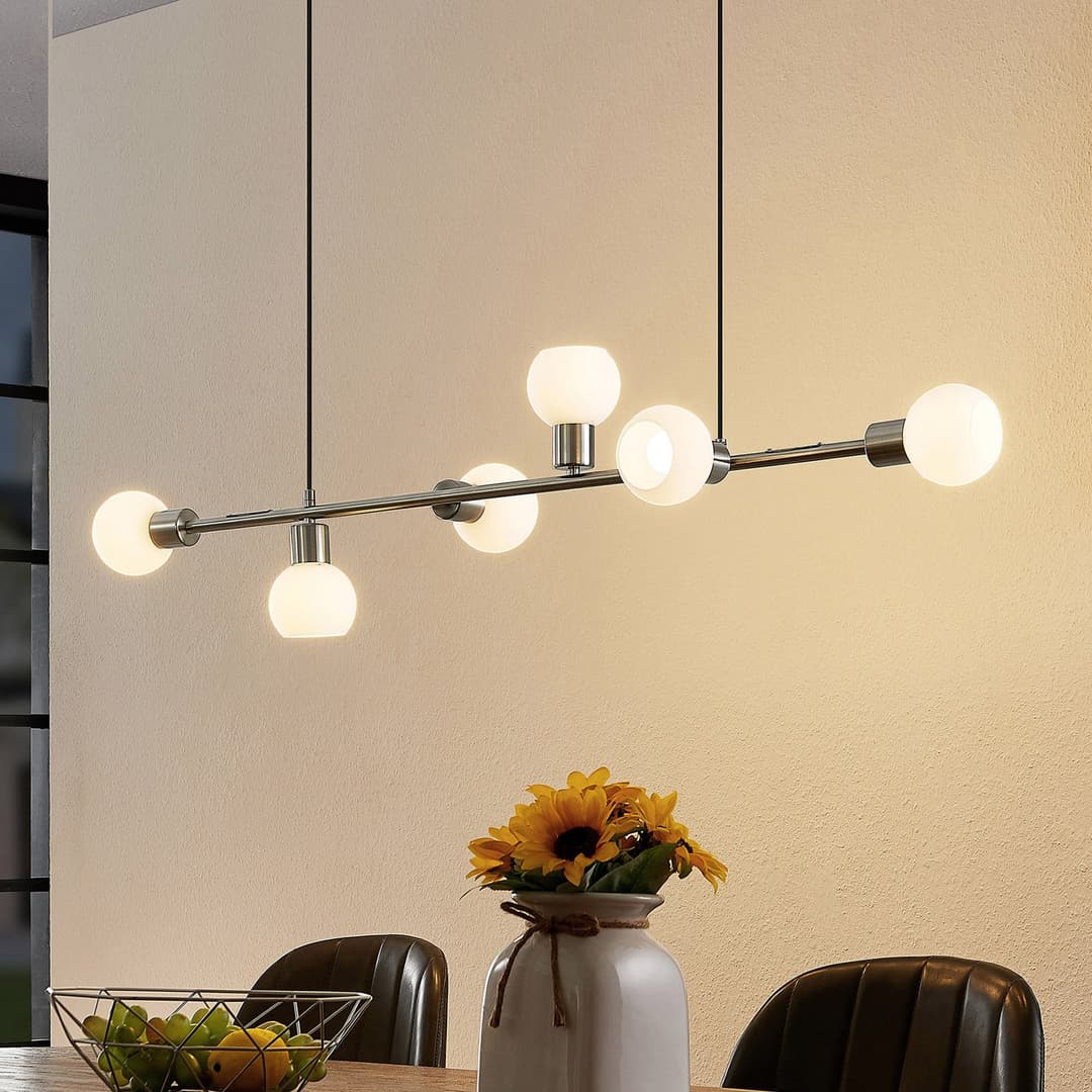 Biscala Pendelleuchte Nickel/Opal - Lindby - Wohnzimmer - Metall - Mehrflammig
