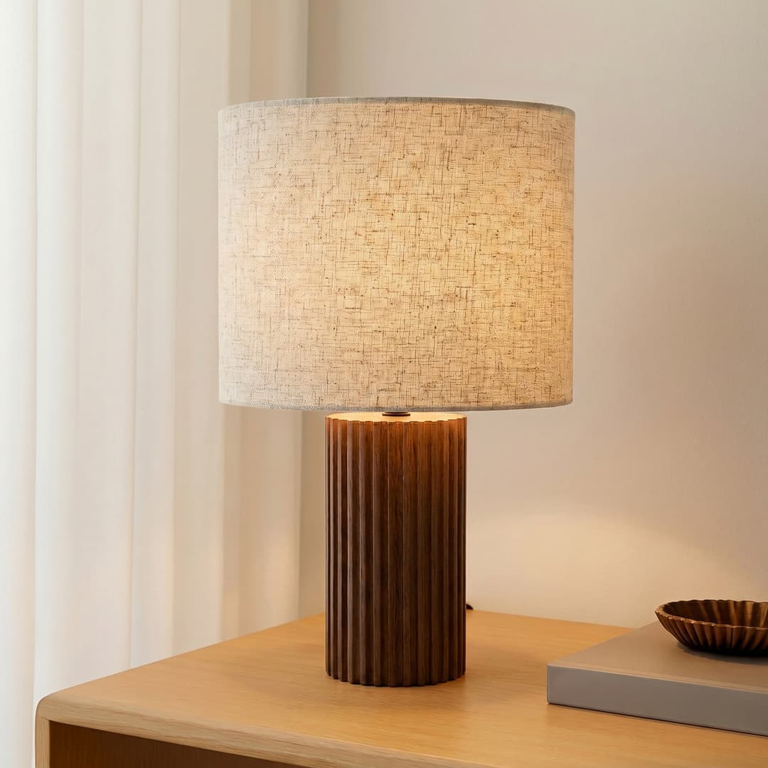 Kimiko Tischleuchte, Walnussholz, Textil, Höhe 38 cm, E27 - Lindby - Wohnzimmer - Skandinavisch - Stoff / Textil - Mit Schirm