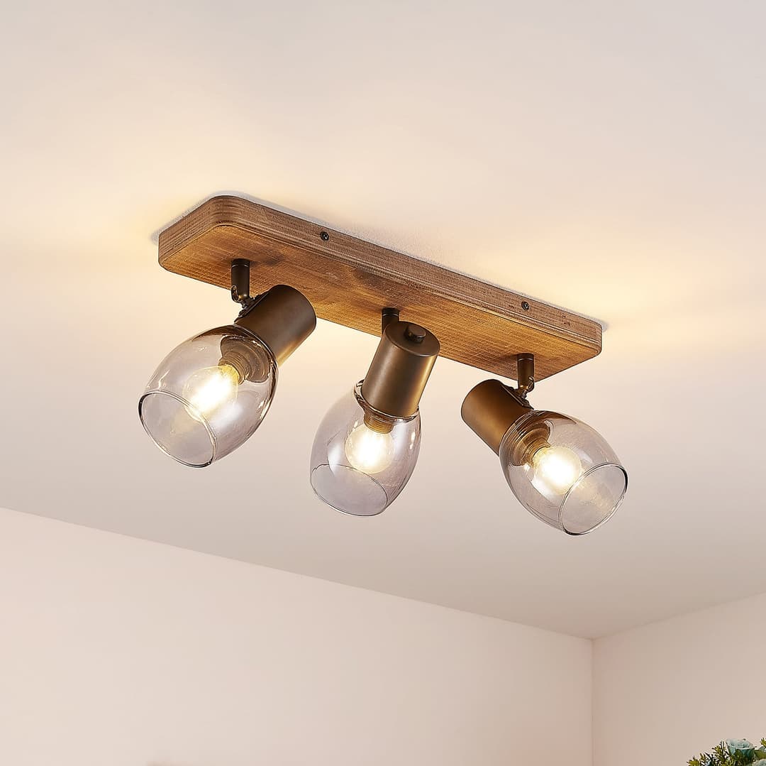 Ineska 3 Square Deckenleuchte Smoke/Wood - Lindby - Wohnzimmer - Skandinavisch - Holz - Mehrflammig
