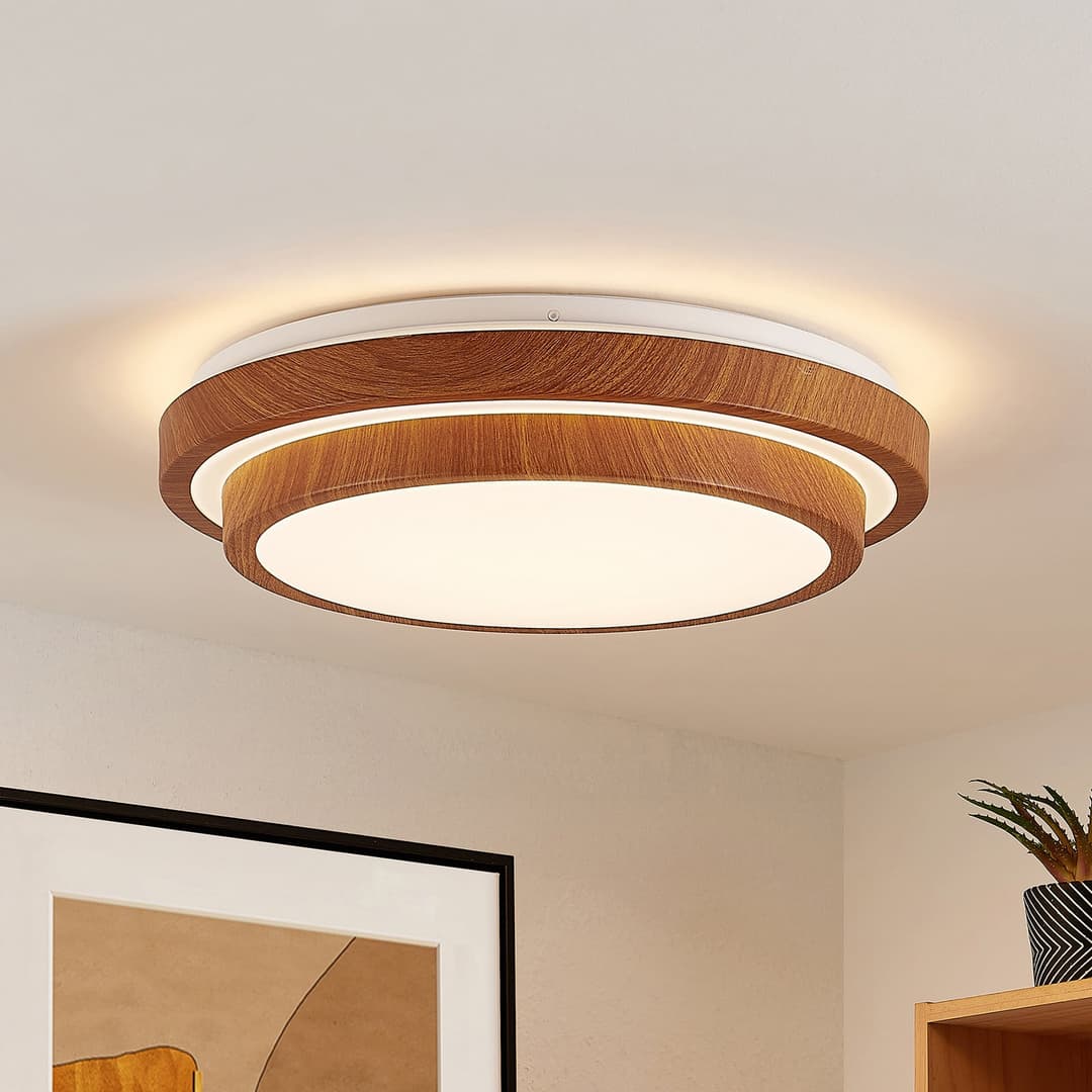 Lindby LED-Deckenleuchte Vaako, Ø 41 cm, Metall, Holzoptik - Arbeitszimmer / Büro - Modern - Kunststoff - Rund